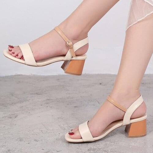 2021 new womens shoes tide one-word buckle high-heeled sandals summer sandals female fairy wind mid-heel thick heel