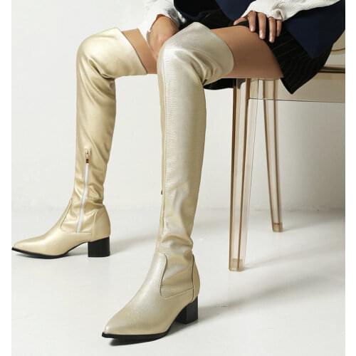 Blue Gray Gold Sexy Thigh Boots Women Fashion Zipper Square Heel Over The Knee Boots New Autumn Winter Pointed Toe Shoes Woman