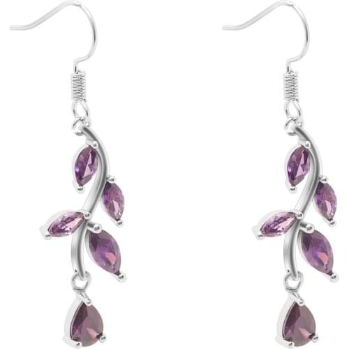 New Silver Color Crystal CZ Gem Leaf Long Drop Earrings Purple Green Red Stone Luxury Bridal Wedding Jewelry for Women