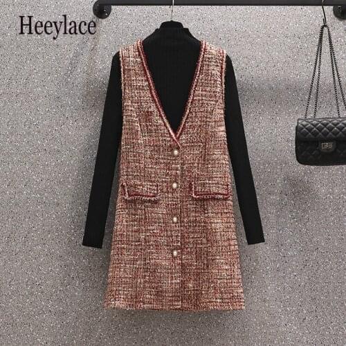 Plus Size Women Elegant Two Pieces Set French Vintage Long Sleeve Knitted Sweater Top And Tweed Vest Dresses Suits 4XL Outfits