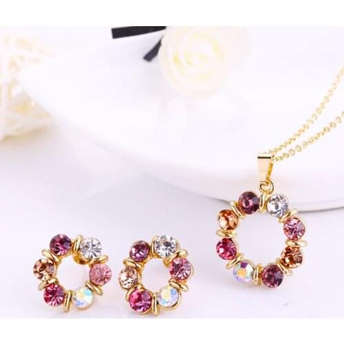 2021 Bohemia Necklace Colorful Rhinestone Round Women Pendant Necklace Earrings Set Choker Chain Pendant for Party