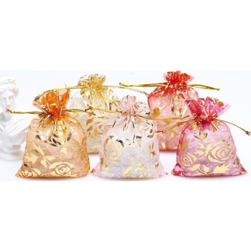 50Pcs Wedding Promotion Gifts Bag Candy Jewelry Package Wedding Favors And Gifts Iron Design Rose Organza Bag Pounch Package