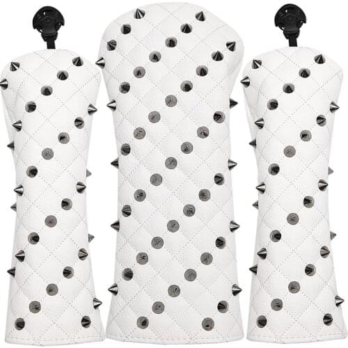 White Premium Leather Rivet Golf Head Covers for Driver & Fairway Woods & Hybird