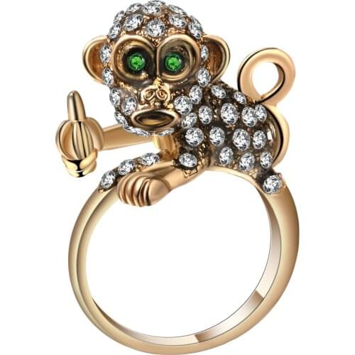Hainon Gold Color Cute Monkey Rings for Women Green Cubic Zircon Eye Engagement Ring Jewellery Banquet Party Exquisite Ring