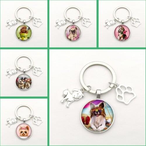 Charm Keychain Cute Dog Paw Print Pendant Key Ring Dog Alloy Pendant Photo Glass Convex Fashion Gift Man Woman Keychains