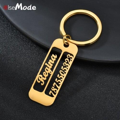 ELSEMODE Personalized Name Number Date Keychain Stainless Steel Couple Family Member Custom Jewelry Gift