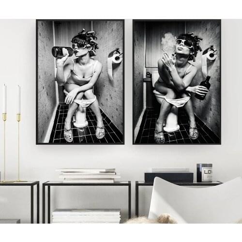 Drinking and Smoking Black White Woman Canvas Painting Posters Prints Pub Bar Decoracion Paintings Creative Toilet Wall Pictures