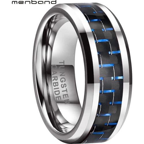 8MM Tungsten Carbon Fiber Ring Wedding Band For Men Women With Black+Blue Carbon Fiber Inlay Comfort Fit