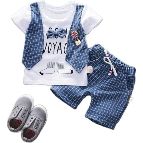 Baby Boy Clothing Boys Girls Summer Gentleman Infant outfits Cartoon Grid Top Shorts Set For 0 1 2 3 4 Years Childrens Clothes