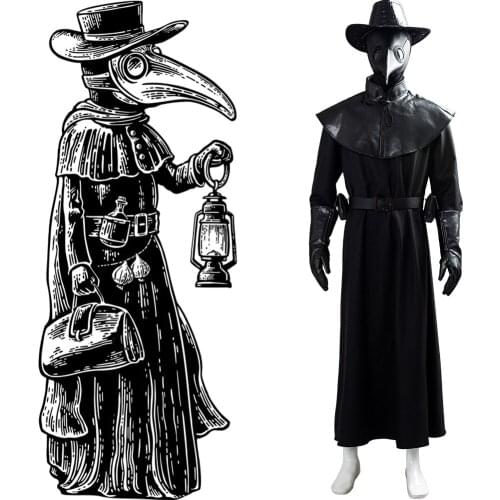 Holloween Costume Outfit Steampunk Plague Doctor Cosplay Brirdmask Cape Long Grown Hat Set