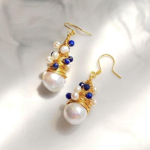 Lii Ji Freshwater Pearl Baroque Pearl Blue Lapis Dangle Earrings Gold Filled Luxury Handmade Jewelry