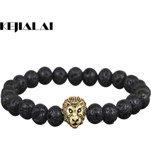 2018 1pcs Beaded Gold Lion Head Men Beads Bracelet Natural 8mm Lava Energy Stone Mix Color Different Beads Women Charm Bracelet