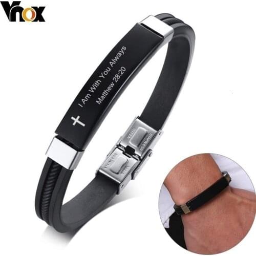 Vnox Cross Bible Verse Quotes Bracelets for Men Soft Silicone Bangle Comfort Wear Male Jesus Christ Faith Prayer Pulseira