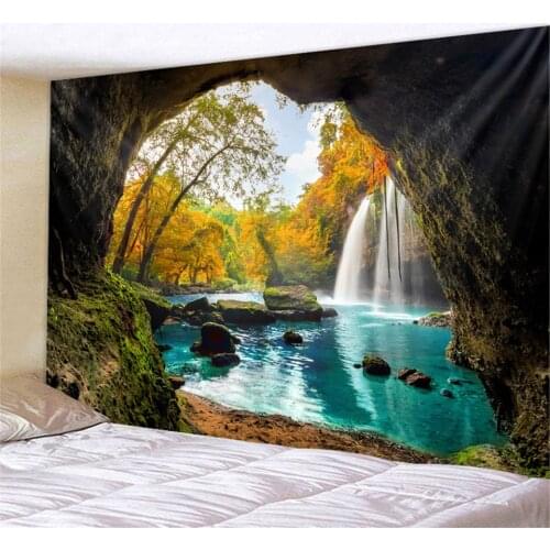 Autumn Nature Cave Landscape Tapestry Wall Cloth Psychedelic Tapiz Mandala Tree Carpet Hanging Wall Blanket Dorm Boho Home Decor