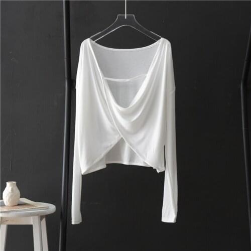 Solid backless sexy women t-shirts 2020 summer new v-neck long-sleeved thin casual all match female pulls outwear tops tees