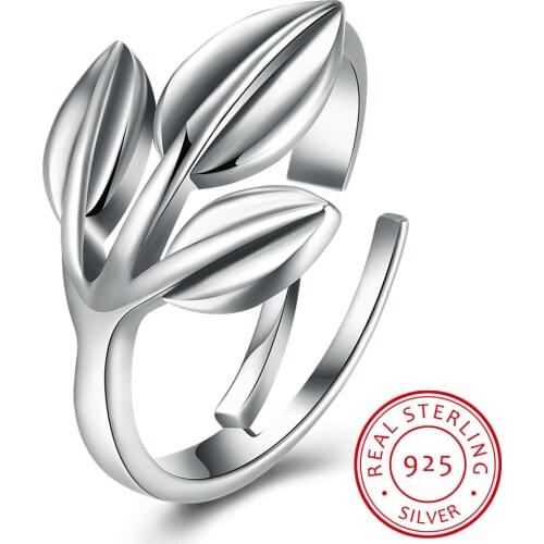 Authentic 925 Sterling Silver Leaf Ring Open Size Created Leaves Ring Engagement Adjustable Ring For Women Fashion Jewelry