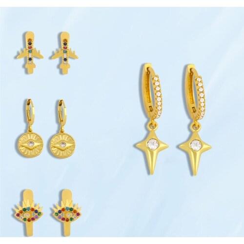 Crosses Round Evil Eye Dangle Women Earrings Retro Creative Airplane Shape Golden Ear Studs Female Earrings Fashion Jewelry 2021