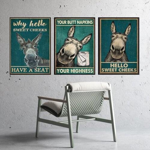 Funny Donkey Toilet Decoration for Your Napkin Canvas Painting Vintage Bathroom Posters and Prints Living Room Wall Pictures