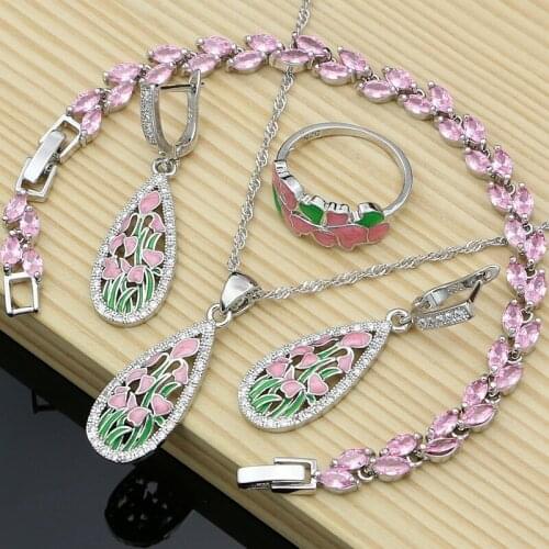 Bridal Silver 925 Jewelry Sets Pink Leaf Flower Enamel Earrings for Women Fine Jewelry Handmade Exquisite Jewellry Dropshipping