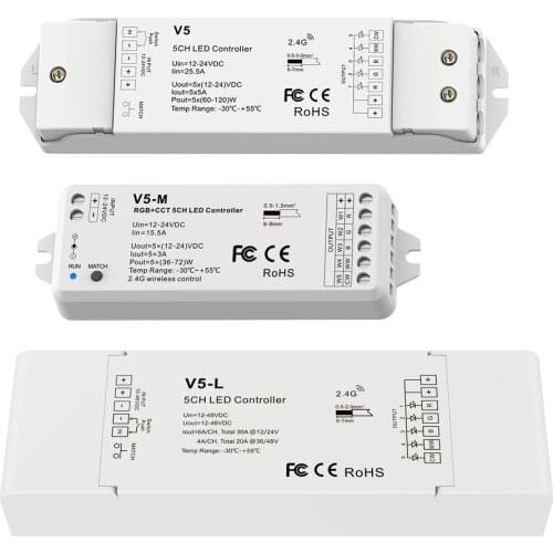 High Power 5 Channel RGB+CCT RGB LED Controller For LED Strip Lights RGBCW SMD COB Dimmer 2.4G RF Wireless 12V 24V Top Quality