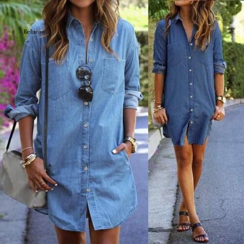 2021 Spring Casual Jeans Shirt Dresses Womens Sundress Plus Size Denim Dress Female Button Down Mini Vestidos Robe