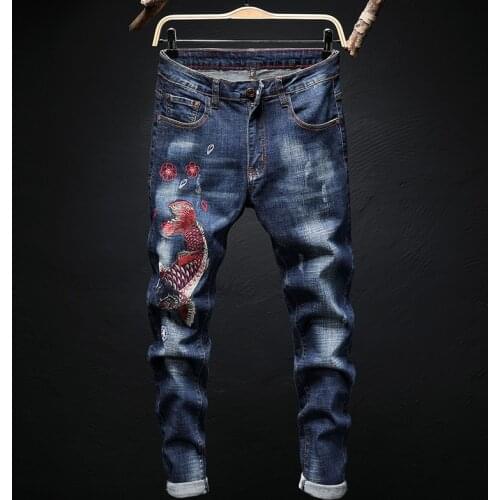 Embroidery stitchwork Boutique European Men Brand Slim Jeans Denim Trousers Stretch Blue Patchwork Hole Pants For Men Ripped