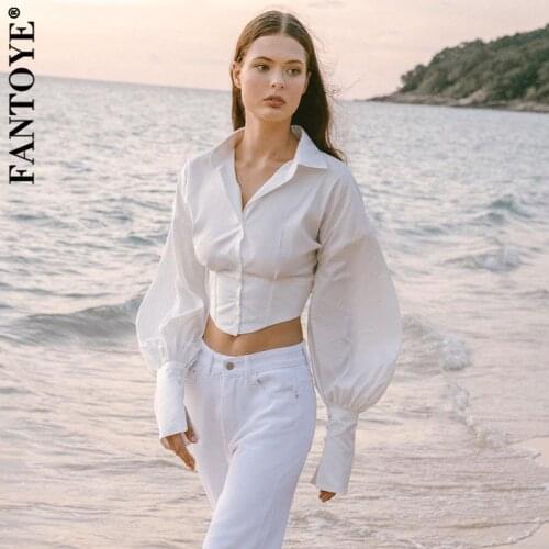 Fantoye Puff Sleeve Turn-down Collar Button Women Blouses Black Long Sleeve Lace Up Blouses Ladies Summer Skinny Streetwear Tops