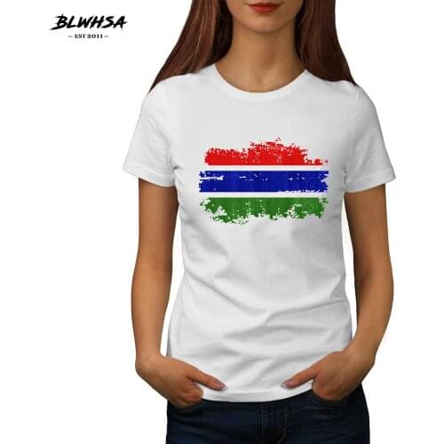 BLWHSA New Summer Women T Shirt Gambia National Flag Nostalgic Style T-shirt Short Sleeve O-neck White Clothing For Women