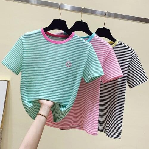 Gkfnmt Embroidery Strtped Tees Tshirt Cotton Korean T-shirt Pink T Shirt Summer Short Sleeve Woman Top Green Women Clothes