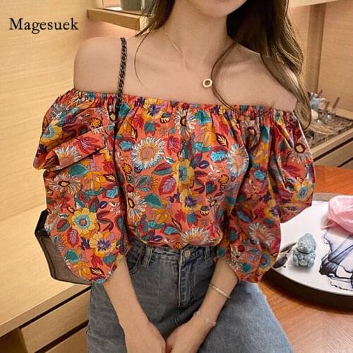 Summer Sunflower Print Floral Woman Shirt Retro Puff Sleeve Sexy Off-shoulder Tops Blouse Women 2021 Slash Neck Casual Top 13315
