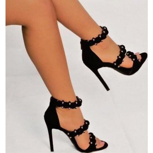 Moraima Snc Simple Style Rivets Straps Open Toe Stiletto High Heel Sandal Summer Woman Sexy Cutouts Thin Heels Gladaitor Sandals
