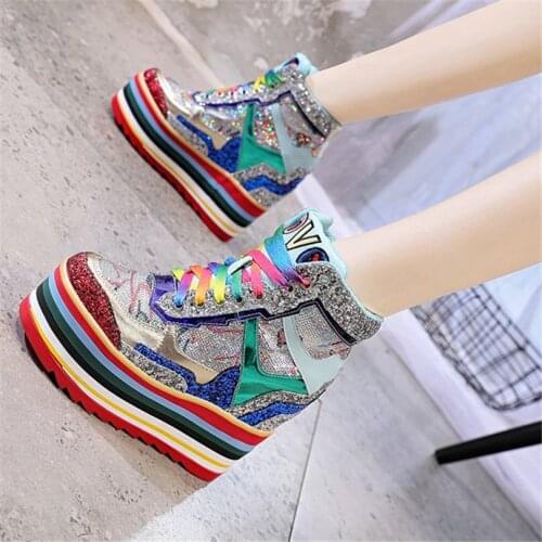 2020 Women Lace Up Genuine Leather Wedges High Heel Ankle Boots Female Shiny Glitter High Top Chunky Platform Fashion Sneakers
