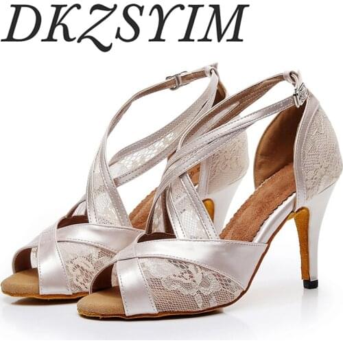 DKZSYIM woman Latin dance shoes PU + lace mesh womens ballroom dance shoes salsa soft shoes high heels 6-10 CM