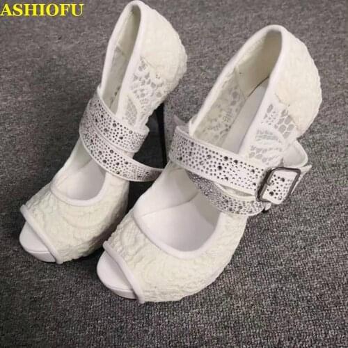 ASHIOFU New Arrival Women High Heel Pumps Lace Leather Wedding Mary Janes Party Prom Shoes Peep-toe Evening Fashion Court Shoes