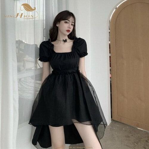 Gothic Harajuku Goth Dress Summer Korean Style Fairy Mesh Elegant Puff Sleeve Black Dress Vintage Dresses for Women 2021 VD2188