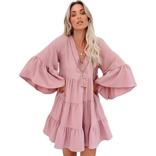 Womens Party Dress Christmas Pink Elegant Midi Sleeve Ruffle Mini Dress Sweet V Neck Ladies Clothes 2020
