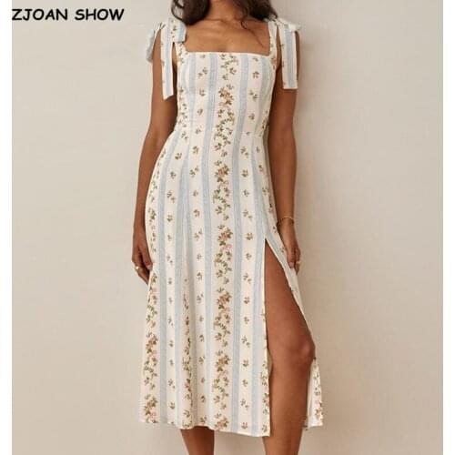 2021 Summer Vintage Hem Slit Floral Striped Print Dress Adjust Tie Bow Strap Sleeveless Dress Sexy Holiday Women Dress