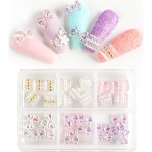 6 grids/set Aurora 3D Skirt Nail Art Decorations AB Color Bowknot Resin Nail Gemstone Professional Manicure Design Supplies