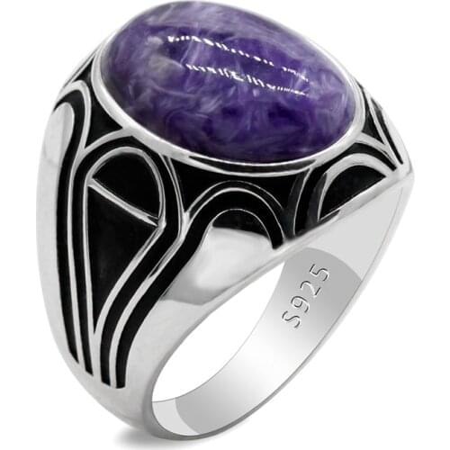 925 Sterling Silver Men Ring with Natural Charoite Oval Purple Stone Rings for Male Women Thai Vintage Punk Turkish Jewelry
