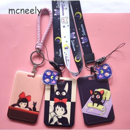 Women Business Card Cover Cartoon Cute Girls and cat Bus Card Case with Neck Rope Employee Name ID Holders Badge Child card case