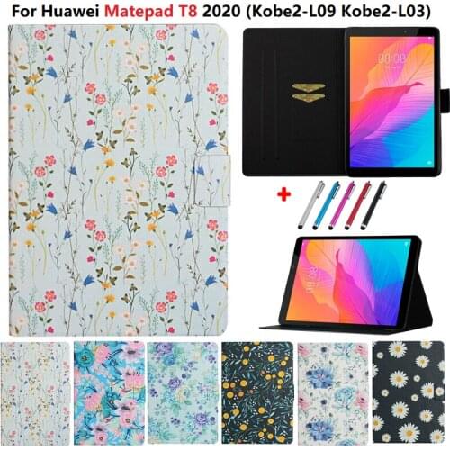 Flower Case For Huawei MatePad T8 8.0 Cover Kobe2-L03 KOB2-L09 Funda Tablet Silicone PU Leather Skin For Huawei T8 Coque +Pen