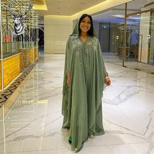 Dashiki Dress Silk Beading Abaya Dubai Maxi African Design Vintage Robe Gowns Muslim Sets Loose Lady Party Hijab Dress
