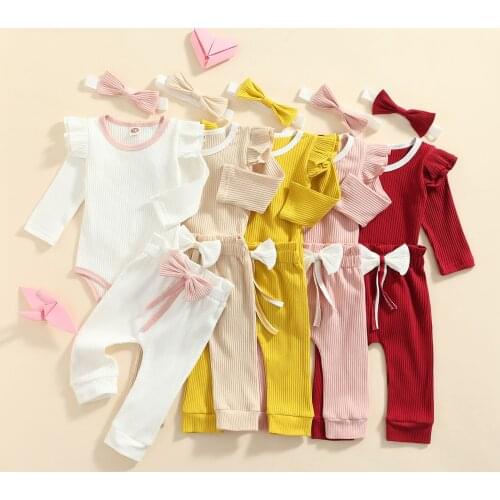 FOCUSNORM 5 Colors Autumn Baby Girls Boys Clothes Sets 3pcs 0-24M Solid Long Sleeve Ruffles Romper Tops Bowknot Pants Headband