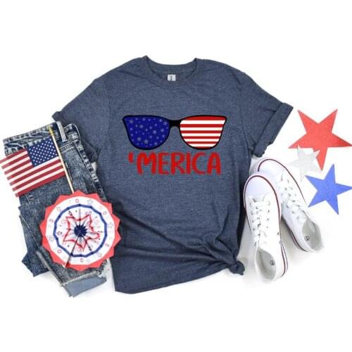 Merica Sunglasses 4th Of July Independence Day Shirt Streetwear USA FLAG Short Sleeve T-Shirts 100% Cotton Top Tee Unisex goth