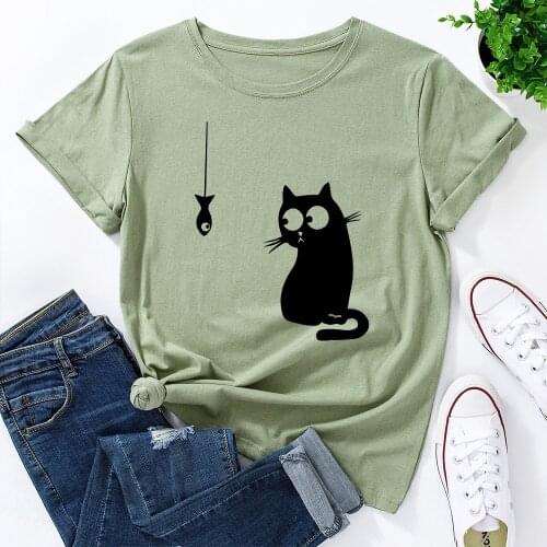 Cartoon Funny Cat Fish Print TShirt Summer Women T-shirt Casual O Neck Short Sleeve Cotton Tee Shirt Female Graphic Tops