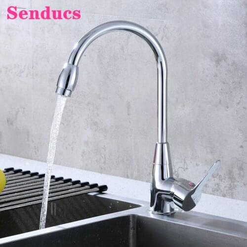 Chrome Kitchen Tap Senducs Quality Zinc Alloy Kitchen Mixer Faucet Deck Mounted Single Handle Hot Cold Kitchen Sink Faucets