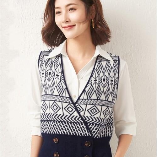 BELIARST 2021 100% Pure Wool Cardigan Cashmere Sweater Knitted Vest Women Autumn New Retro Contrast Color V-Neck Blouse Jacket