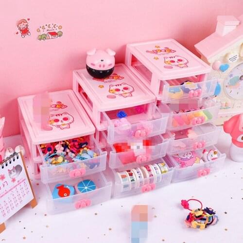 Multi-function Desktop Plastic Drawer Container Cartoon Kawaii Cat Pink Transparent Cosmetic Sundries Home Storage Box Organizer