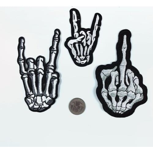 Fashion Punk style Evil finger white bone corna rock gesture patchesembroidery Locomotive leather coat Clothing accessories