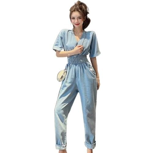 Fashion womens denim jumpsuit 2020 new summer short-sleeved denim jumpsuit casual sexy V-neck elastic waist jumpsuit